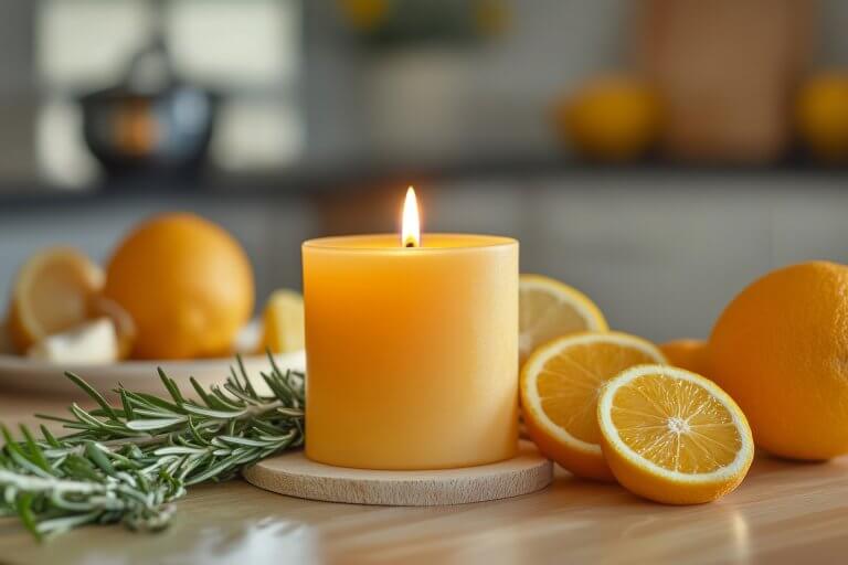 Burning orange candle with rosemary and citrus fruits creating cozy atmosphere