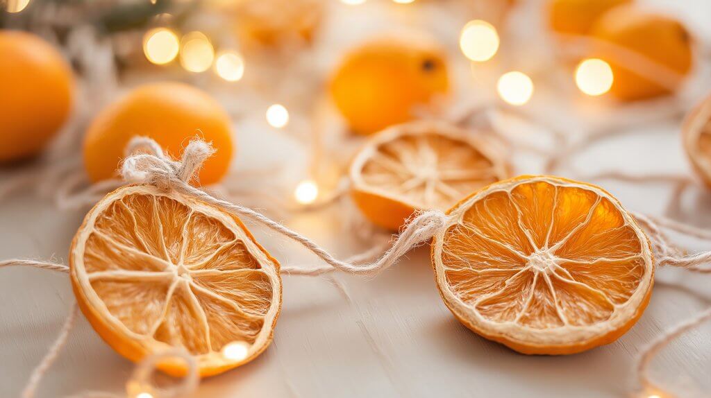 Dried orange slices and festive lights, cozy holiday decoration